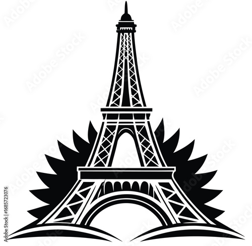 Black silhouette vector illustration of the famous Eiffel Tower in Paris, France