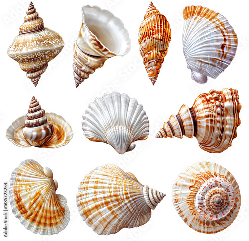 seashells, transparent background, png file with separate images of each shell.