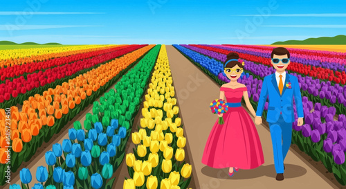 Animated bride and groom strolling hand-in-hand through a vibrant tulip field