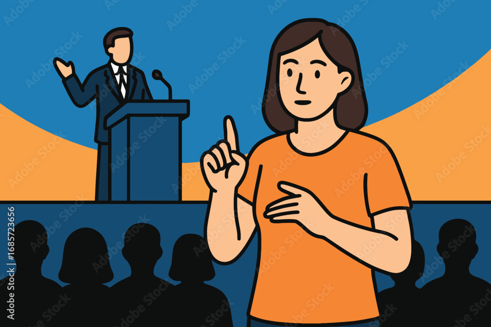 Obraz premium Woman speaking at podium with audience and speaker in background
