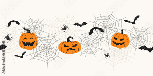 Halloween seamless border with pumpkins, spider webs, spiders, and bats. Halloween spooky night and holiday decoration concept. Trendy flat lay design
