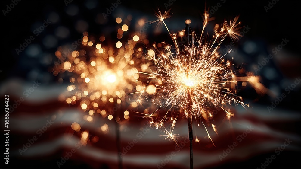 Fototapeta premium Sparklers with American Flag Background for Independence Day Celebration