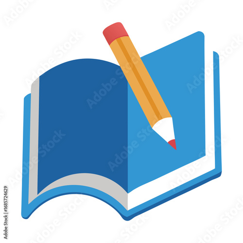 A blue open book with a yellow pencil