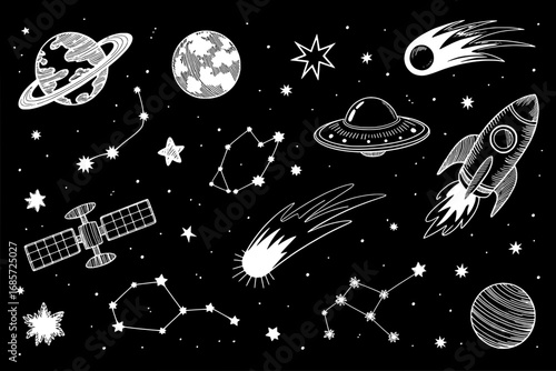 Hand-Drawn Space Elements: Planets, Rockets, Constellations, and UFOs on Black Background