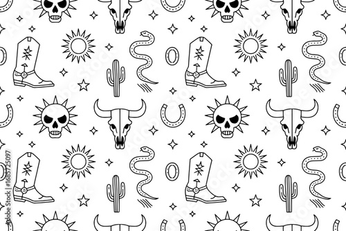 Wild West Seamless Pattern: Line Art Icons of Cowboy Boots, Skulls, Cactus, Snake, Horseshoe, and Sun