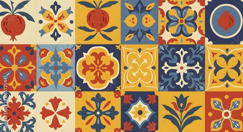Colorful mediterranean tile pattern with floral and fruit motifs in yellow and blue
