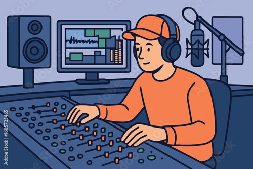 Man wearing headphones works at a sound mixing board in a studio