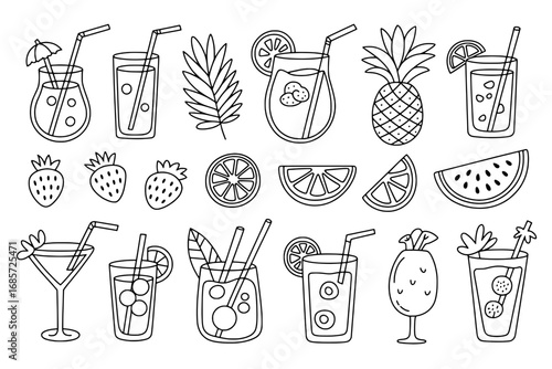 Summer Cocktails & Tropical Fruits: A Set of 20 Line Art Icons
