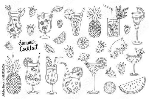 Summer Cocktail: A Collection of 20 Hand-Drawn Line Art Icons of Drinks and Fruits