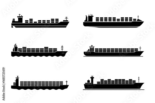 Six Container Ship Icons: Variations in Size and Detail - Black Silhouettes on White