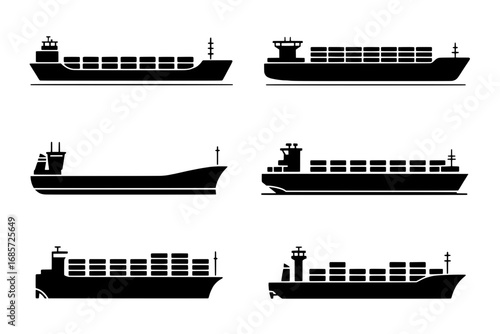 Six Container Ship Icons: Variations in Design and Size - Black Silhouette on White Background
