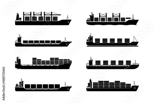 Eight Black Silhouette Container Ship Icons: Varying Sizes and Crane Configurations