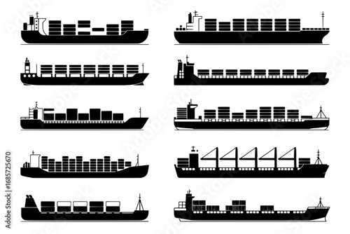 Ten Container Ship Icons: Black Silhouette Illustrations on White Background
