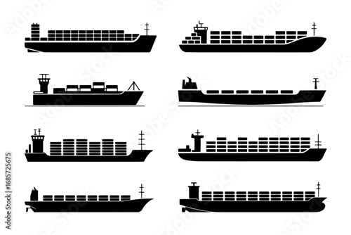 Nine Black Silhouette Container Ship Icons: Diverse Designs in a 3x3 Grid
