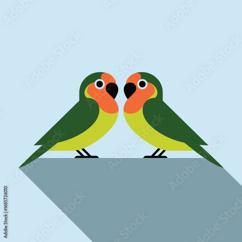 A charming illustration featuring two colorful lovebirds facing each other, showcasing vibrant green and orange hues. This delightful design is perfect for romantic themes, nature-inspired projects.