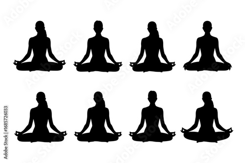 Eight Silhouettes of Women in Lotus Position: Yoga, Meditation, Wellness Icons