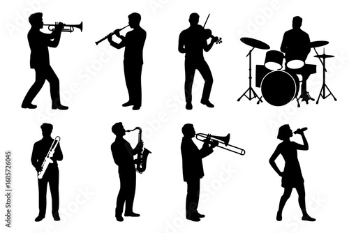 Eight Black Silhouettes of Musicians: Trumpet, Clarinet, Violin, Drums, Saxophone, Trombone, Singer, and Bass Clarinet