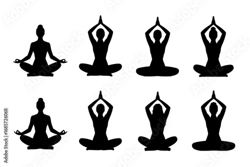 Eight Yoga Poses:  Silhouette Icons in a 2x4 Grid