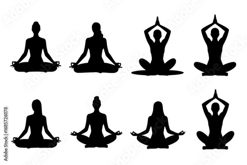 Eight Yoga Poses: Silhouettes of Women in Meditation and Prayer Poses
