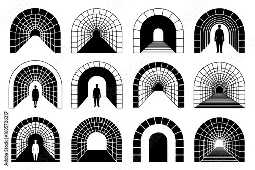 12 Black and White Tunnel Icons: Variations in Perspective, Depth, and Human Presence