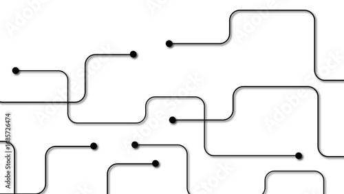 Abstract minimalist technology background featuring interconnected black circuit-like lines. Circular node and digital network or electronic pathway. Monochrome palette emphasizes  connectivity