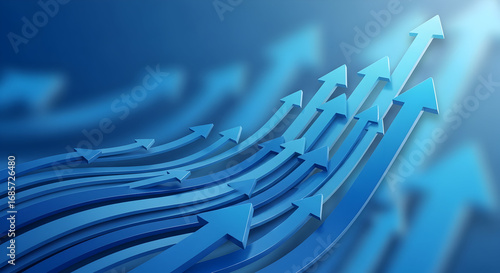 Converging growth arrows: Multiple stylized arrows curving upward and to the right in gradient blues and teals — symbolizing accelerated growth, alignment of teams, strategic momentum, scalability, an