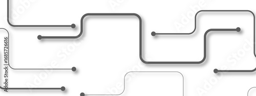 Abstract minimalist technology background featuring interconnected black circuit-like lines. Circular node and digital network or electronic pathway. Monochrome palette emphasizes  connectivity
