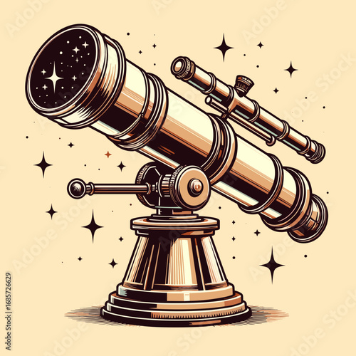 Vintage telescope vector illustration with stars and cosmic elements in retro style
