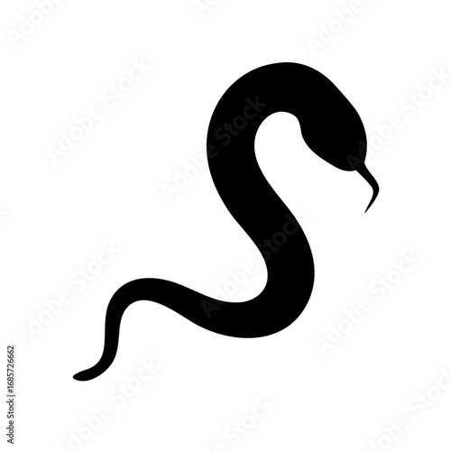 Minimalist black silhouette vector icon of a snake with tongue extended, symbolizing danger, reptile, and wild nature. Isolated on a transparent background