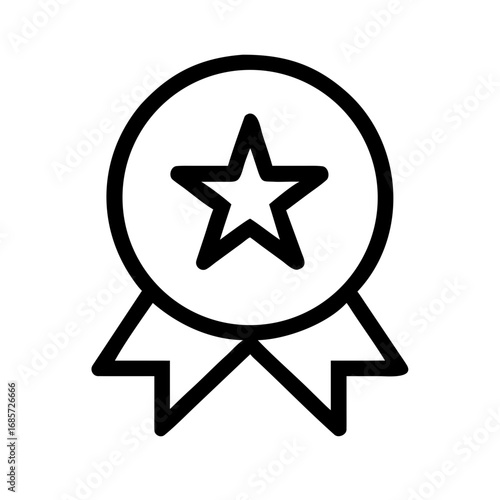 Minimalist black outline vector icon of a round award badge with ribbons and a star in the center, symbolizing achievement, and recognition. Isolated on a transparent background
