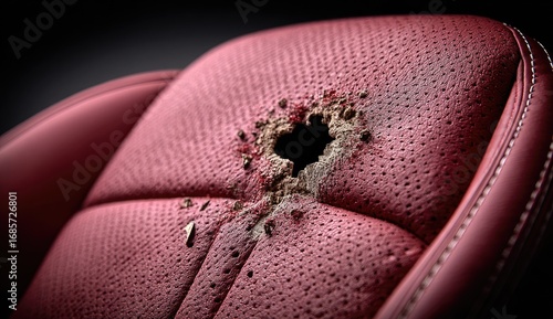 Bullet hole in a maroon leather car seat