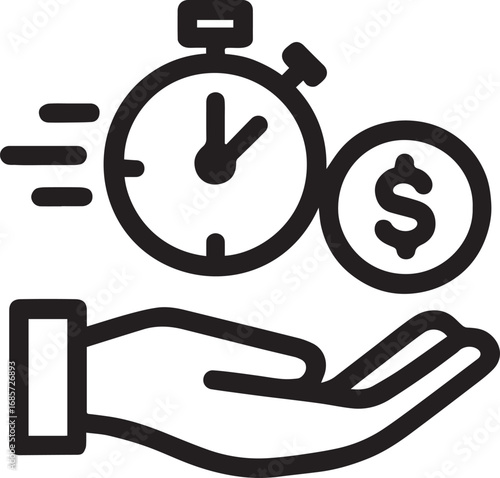 Hand with stopwatch coin line vector icon