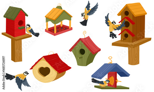 Wooden birdhouses with flying tits and nesting birds vector set. Various bird house designs for stickers, posters, educational materials, web icons, packaging, infographics and decor