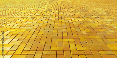 Yellow Brick Road - Wizard of Oz Themed Backgorund texture or wallpaper. Golden brick pattern low angle, perspective.