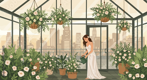 Elegant Woman Tending to Lush Greenhouse Plants with Cityscape Backdrop