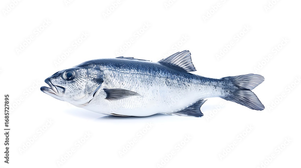 Obraz premium Fresh whole fish glistening on clean white background ready for culinary use