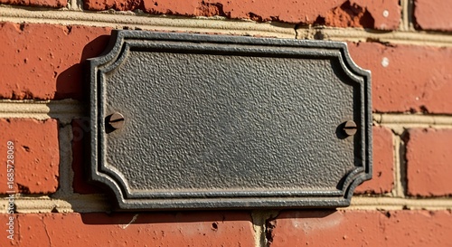 Vintage blank metal nameplate on sunlit red brick wall for signage mockups.