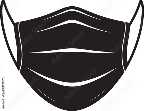 Simple black silhouette of a disposable face mask.  A clean, bold, and impactful graphic of a black face mask silhouette.