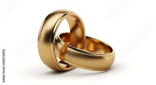 Elegant gold wedding rings interlocked on a white background