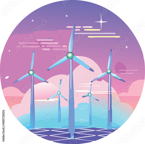 Wind turbine farm generating clean renewable energy in a colorful landscape