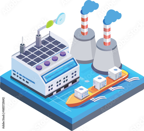 Isometric illustration of a modern factory with solar panels and cargo ship