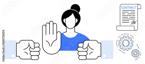 Woman raising hand to refuse or reject. Gears symbolize process contract represents legal or business context. Ideal for negotiation, refusal, boundaries, law, conflict, process, business strategy