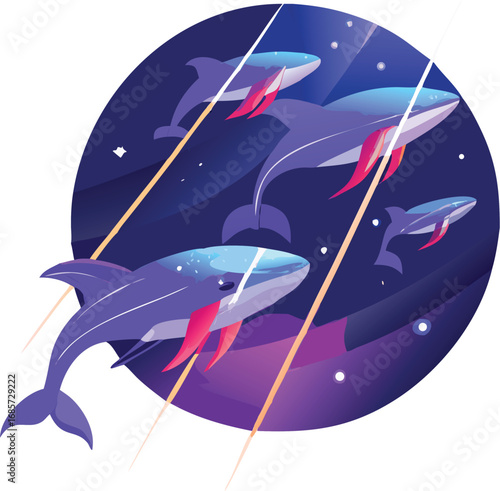 Group of whales swimming in the deep blue sea with a starry background