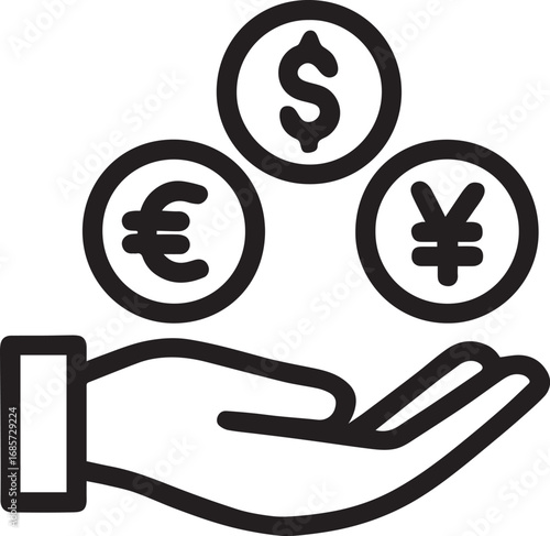 Open palm with multiple currency symbols line vector icon
