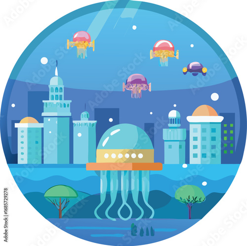 Underwater city with futuristic buildings and flying jellyfish in the ocean