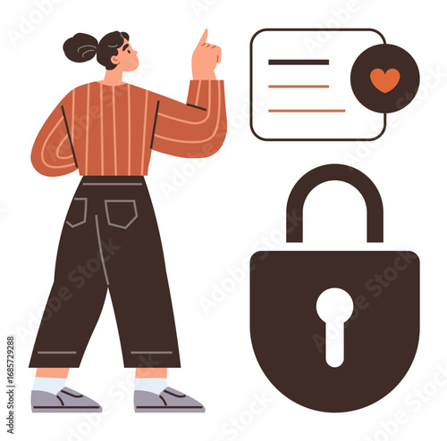 Woman pointing toward a speech bubble with a heart icon near a large padlock. Ideal for privacy, data security, technology, online safety, digital trust, information protection, simple flat metaphor