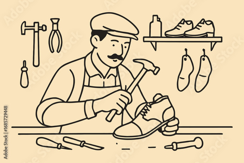 Skilled cobbler meticulously repairs a shoe with hammer and tools