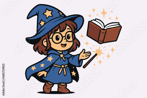 Cute cartoon child wizard with magic wand and spellbook casting spells