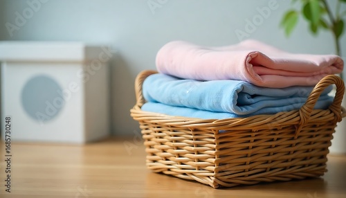 Cozy Home Basket with Folded Blankets and Minimalist Decor Accents
