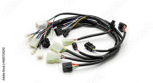 A bundle of electrical wires and connectors arranged on a white surface in a studio setting close up view